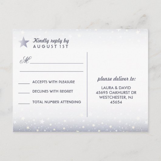 Maan & Sterren Marine Blauw Goud Wit Matching RSVP Uitnodiging Briefkaart (Achterkant)