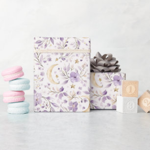 Maan Sterren & Paarse Bloemen Baby Shower Cadeaupapier