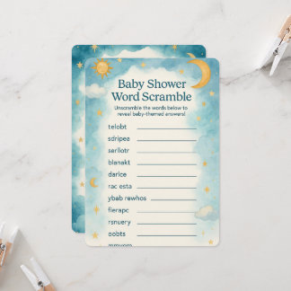 Maan, Sterren & Whimsische Woordpuzzel Baby Shower Kaart