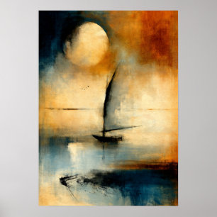 Maan Wasen Japanse Sumi-E Abstracte Boot Wandkunst Poster