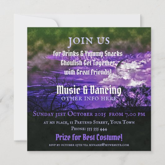 Maan Wolken Paarse Halloween Uitnodigingen (Achterkant)