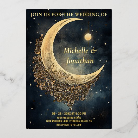 maan, zon en sterren hemelse bruiloft folie uitnodiging (Voorkant)