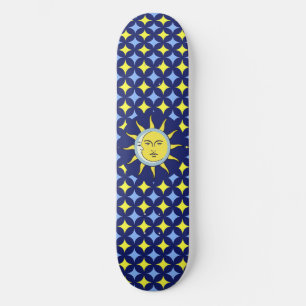 Maan & Zon op Blauw & Geel Sterrenpatroon Skateboard