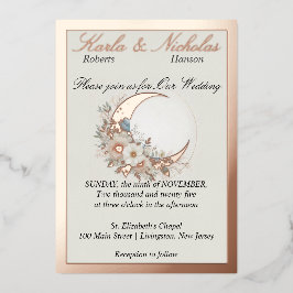 Maanbloem Off White, Brede Roze Goud Folie Uitnodiging