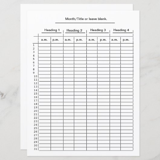 Maandelijks 4 kolomschema voor omslagen per minuut (Voorkant / Achterkant)