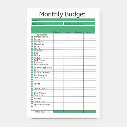 Maandelijkse budget Tracking Post merkt op Post-it® Notes (Voorkant)