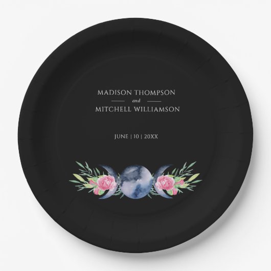 Maanfase Roze Rozen Bloemen Metafysische Bruiloft Papieren Bordje (Voorkant)