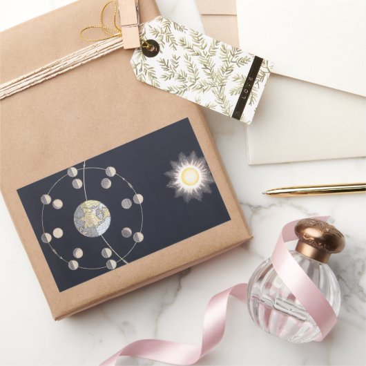 Maanfasen met aarde en zon, sterrenkunde rechthoekige sticker (Geschenken)