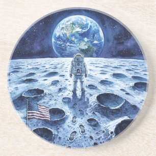 Maanlanding - Astronaut & Amerikaanse vlag Zandsteen Onderzetter