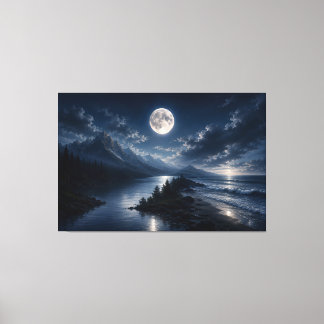 Maanlicht Bergmeer Muurkunst Canvas- Volle Maan Canvas Afdruk