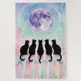 Maanlichtkattenpuzzel – Vijf zwarte katten in wate Legpuzzel