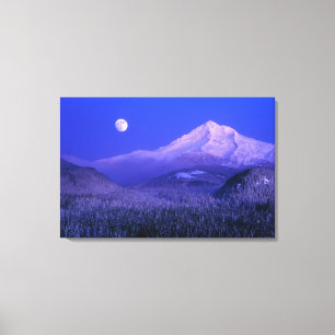 Maanopkomst boven Mt Hood winter, Oregon Canvas Afdruk