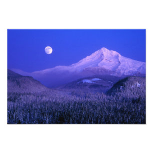 Maanopkomst boven Mt Hood winter, Oregon Foto Afdruk