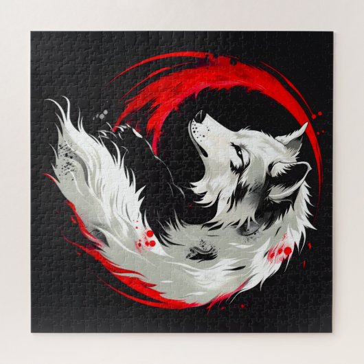 Maansrode witte wolf legpuzzel (Horizontaal)