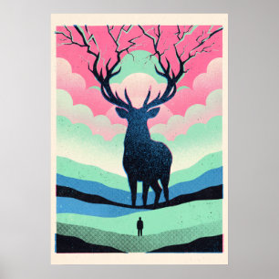 Maanverlicht hert en eenzaam figuur retro kunst poster