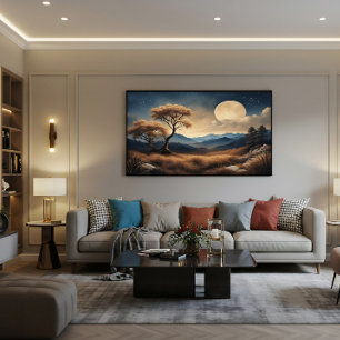Maanverlicht landschap Gouden Bomen Bergen Poster