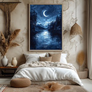 Maanverlicht meer weerspiegeld in monochroom blauw poster