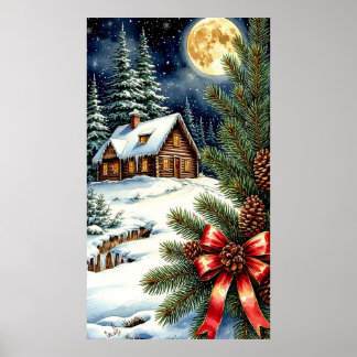 🏡 Maanverlichte besneeuwde hut in betoverd winter Poster