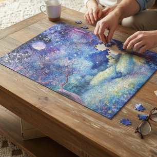 Maanverlichte betoverde bosnachtlandschap legpuzzel