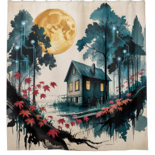 Maanverlichte blokhut Japanse bos kunst (1) Douchegordijn