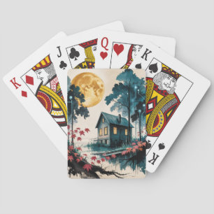 Maanverlichte blokhut Japanse bos kunst (1) Pokerkaarten