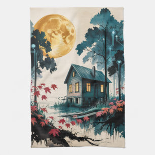 Maanverlichte blokhut Japanse bos kunst (1) Theedoek