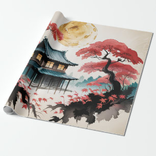 Maanverlichte blokhut Japanse bos kunst (5) Cadeaupapier