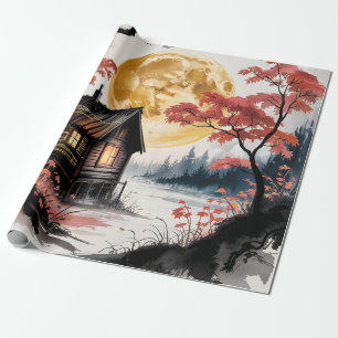Maanverlichte blokhut Japanse bos kunst (7) Cadeaupapier