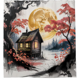 Maanverlichte blokhut Japanse bos kunst (7) Douchegordijn