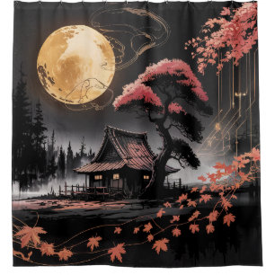 Maanverlichte blokhut Japanse bos kunst (8) Douchegordijn