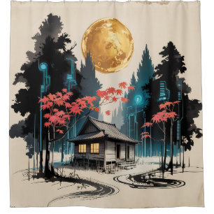 Maanverlichte blokhut Japanse bos kunst (9) Douchegordijn