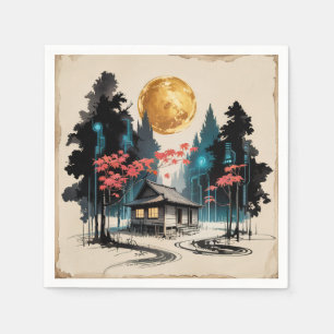 Maanverlichte blokhut Japanse bos kunst (9) Servet