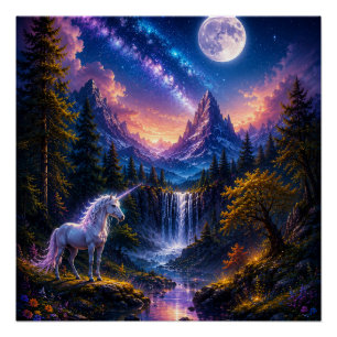Maanverlichte Eenhoorn Fantasie landschap Poster M Perfect Poster