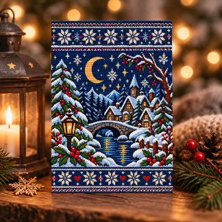 Maanverlichte Gebreide Winterdorp Kerstkaart Briefkaart