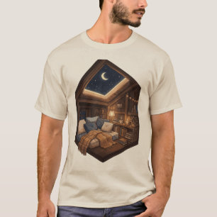 Maanverlichte gezellige leeshoek-illustratie in ee t-shirt