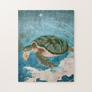 Maanverlichte golven - Zeeschildpad, Japanse Kunst Legpuzzel