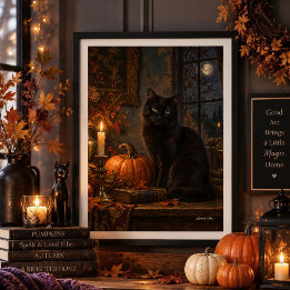 Maanverlichte gotische zwarte kat herfst fijnkunst poster