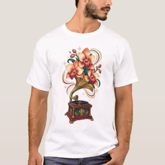 Maanverlichte Gramophone Orkidee Retro T-Shirt