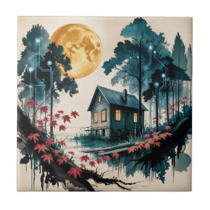 Maanverlichte hut Japanse bos kunst (1) Tegeltje