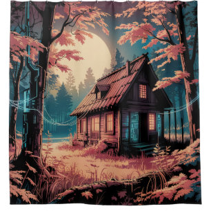 Maanverlichte hut Japanse bos kunst (2) Douchegordijn