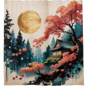 Maanverlichte hut Japanse bos kunst (4) Douchegordijn