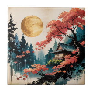 Maanverlichte hut Japanse bos kunst (4) Tegeltje