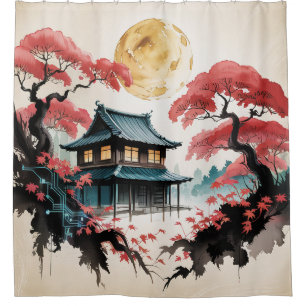 Maanverlichte hut Japanse bos kunst (5) Douchegordijn