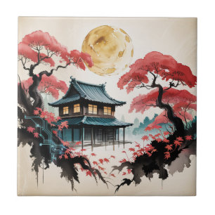 Maanverlichte hut Japanse bos kunst (5) Tegeltje