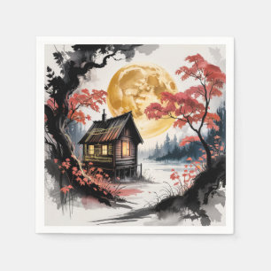 Maanverlichte hut Japanse bos kunst (7) Servet