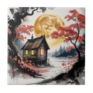 Maanverlichte hut Japanse bos kunst (7) Tegeltje