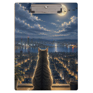 Maanverlichte kat die het stadnachtram door het ra klembord