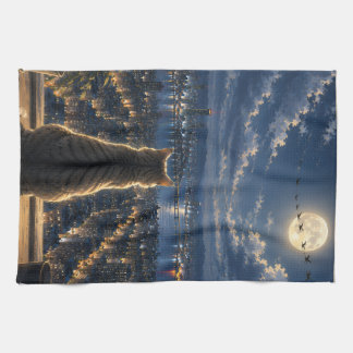 Maanverlichte kat die het stadnachtram door het ra theedoek