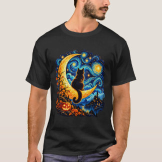 Maanverlichte kat in warrelige nacht t-shirt