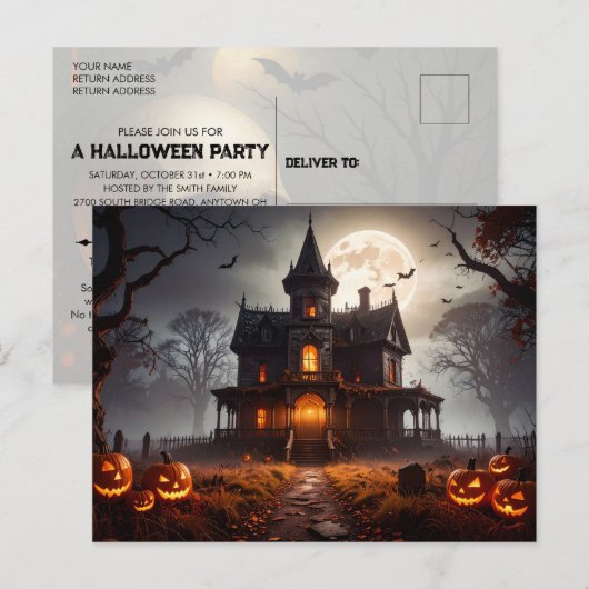 Maanverlichte landhuis Halloween-feest uitnodiging (Voorkant / Achterkant)